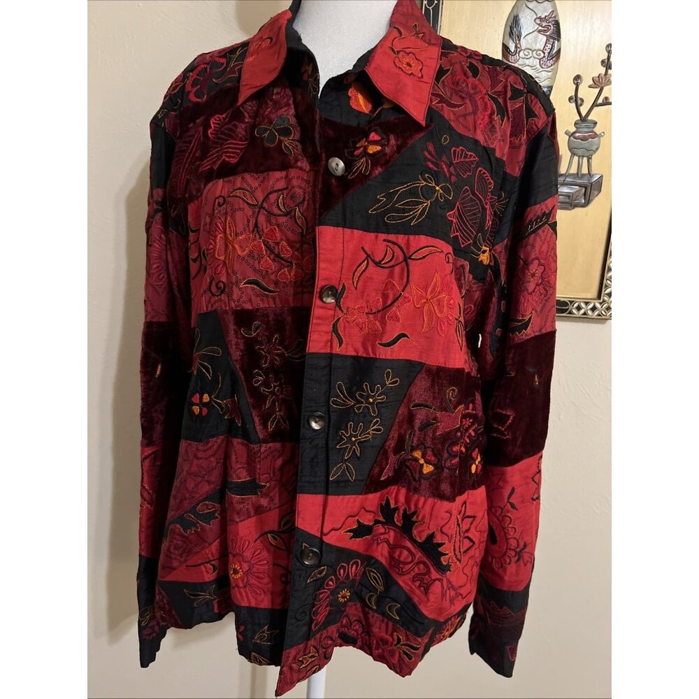 Women’s Vtg.Chicos Design Silk Rayon Embroidered Red Black Blazer Button Up Sz 3